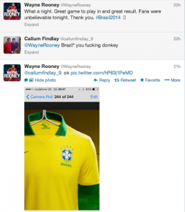 Twitter do Rooney com a camisa da seleção brasileira 